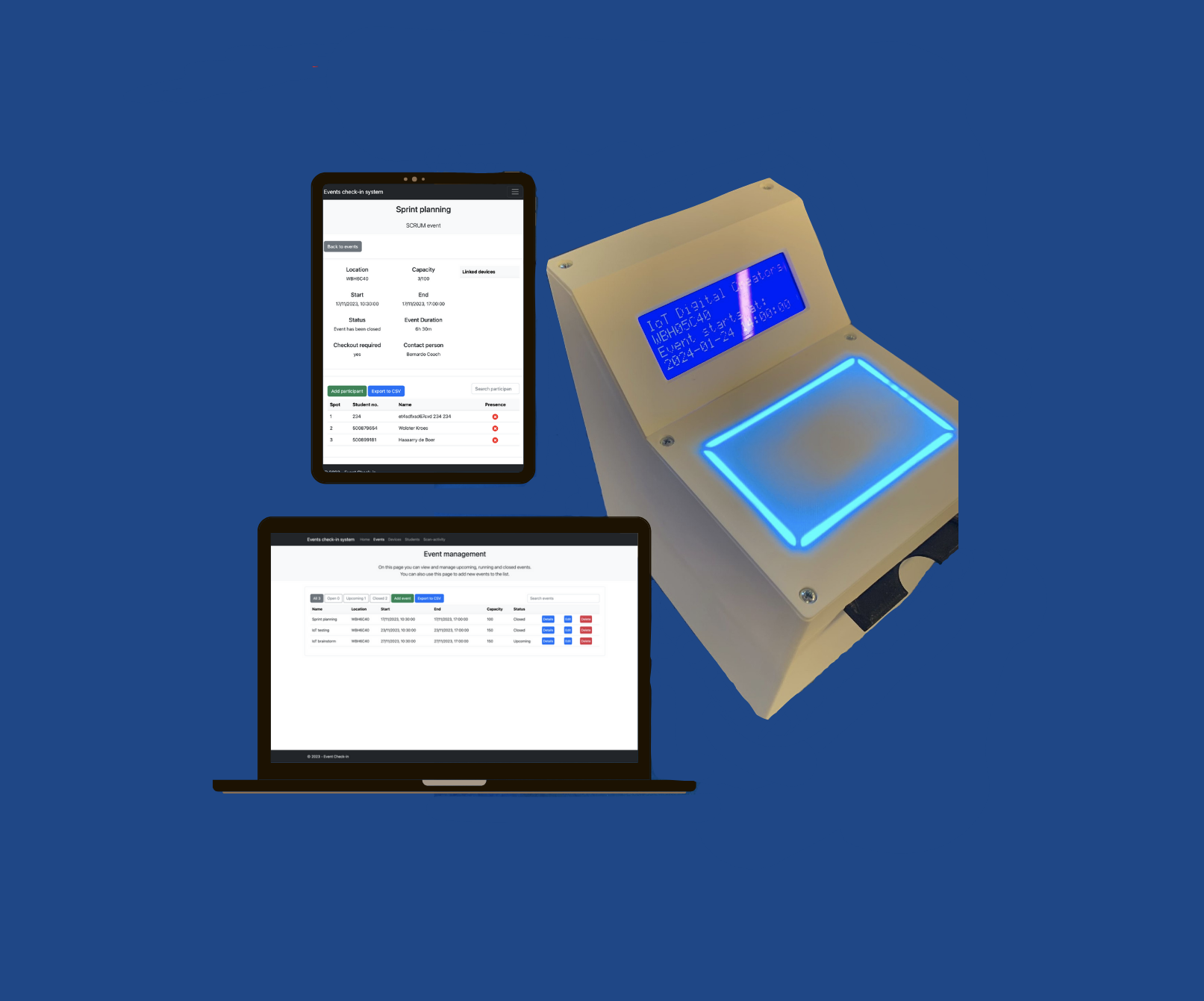 A photo of the device we made, it is a white 3D printed case with a card slot on the front, a square on the top that is lighten up with blue leds, and an angled screen behind that to show the event details.