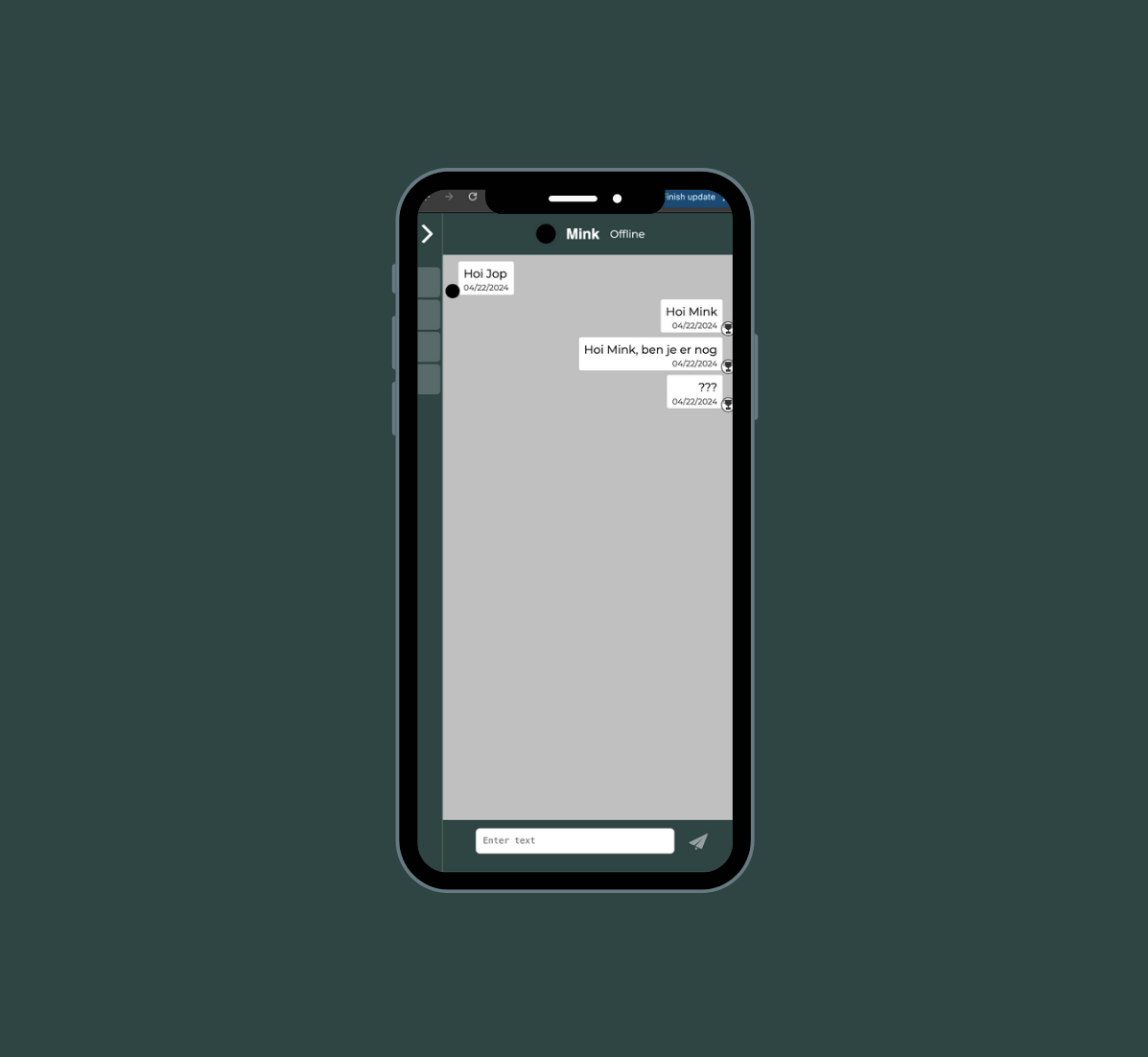 A super simple user interface of a chatapp where two people have send messages to eachother. The interface uses mainly green colors, and the texts are white.