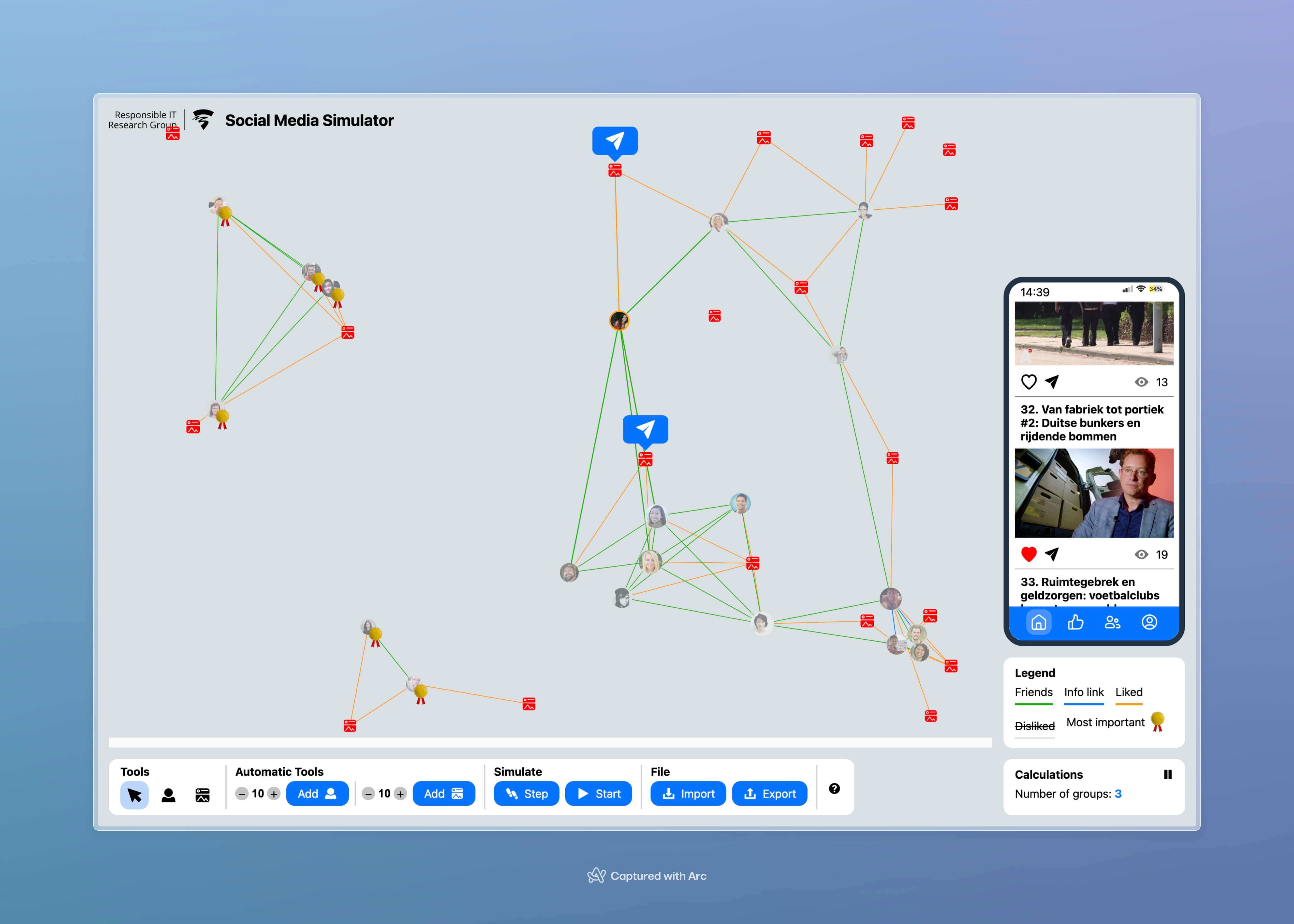 A website where multiple dots that represent people and posts are connected with eachother, creating a network of relations. The user can manipulate the network by using the toolbar underneath the canvas, or the mobile phone of the person that is active.
