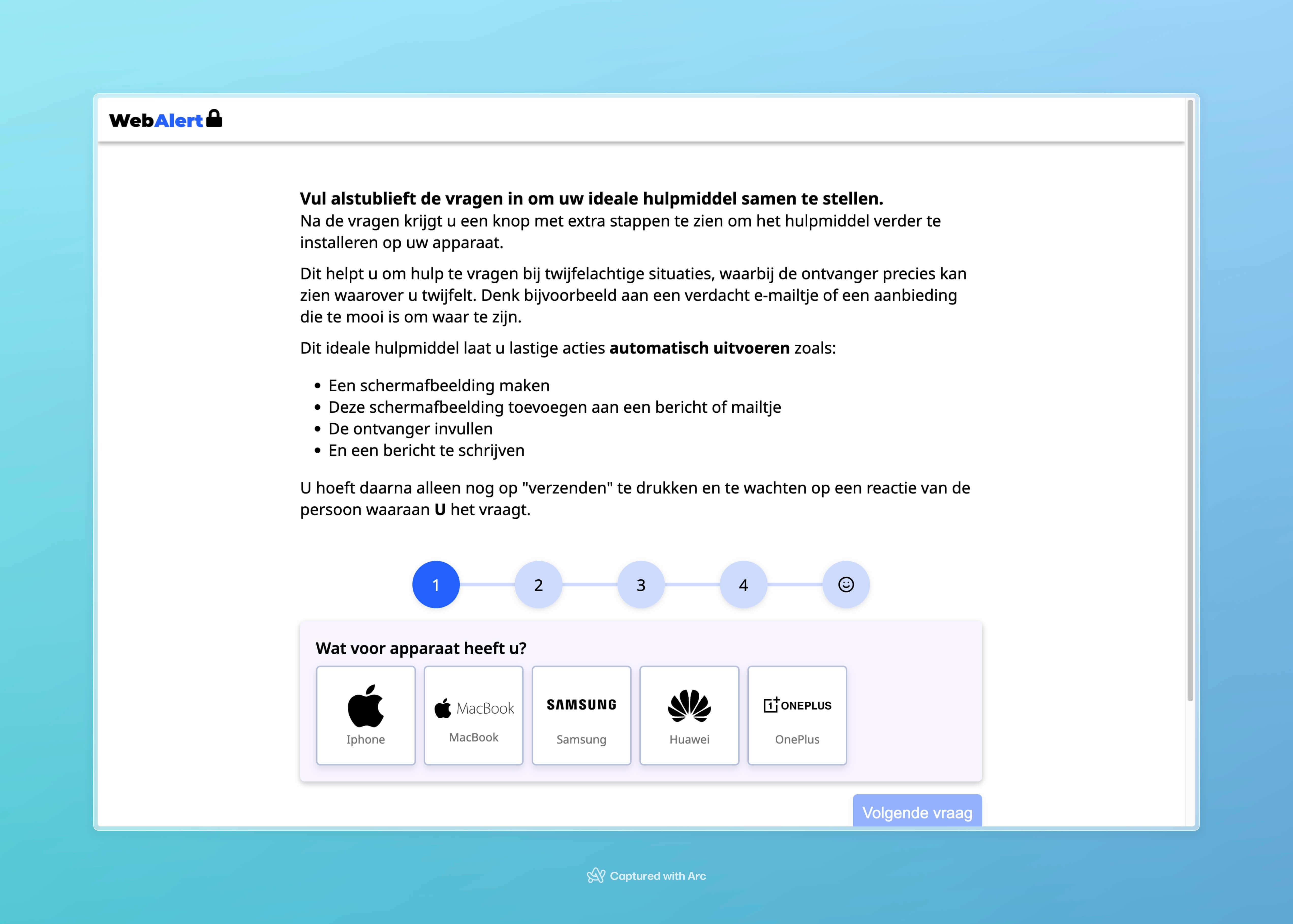 A simple frontpage of a website, where a piece of text creates an intro to the first question of the form. Its a light website with blue tints.